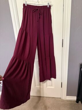 HEIMISH USA Wide-Leg Tiered Pants in Burgundy